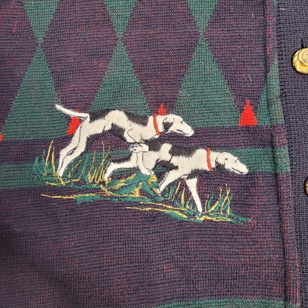 VINTAGE 80s cardigan embroidered dogs equestrian wool button up sweater M - Picture 3 of 10